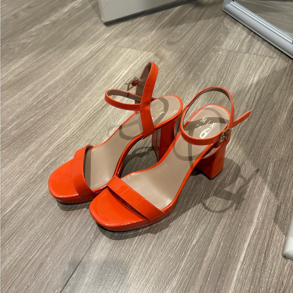 Orange Block Heel Sandals with Ankle Strap
